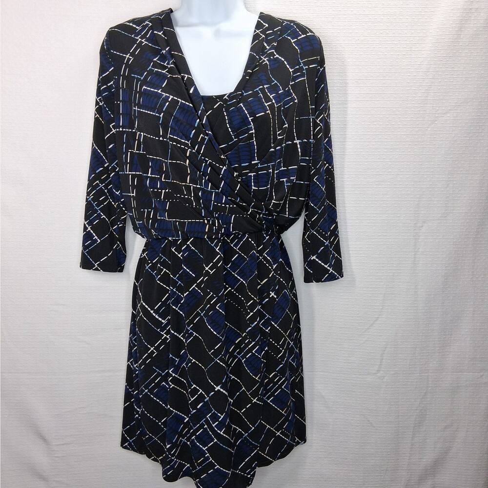 White House Black Market Faux Wrap Dress Women's X-Small Black Blue Geometric